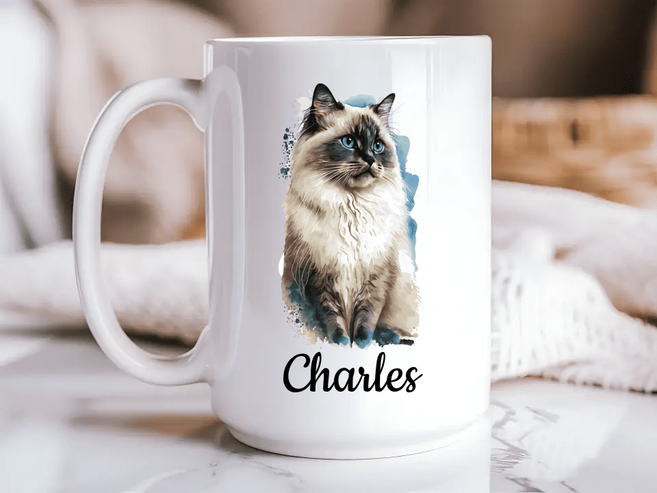 Personalized Watercolor Cat Breed Portrait with Name - 15oz Ceramic Coffee Mug