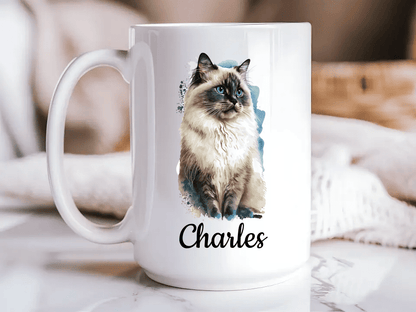 Personalized Watercolor Cat Breed Portrait with Name - 15oz Ceramic Coffee Mug