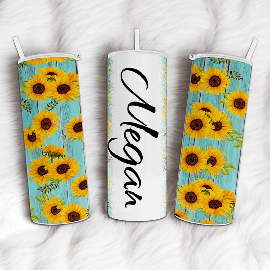 Personalized Wood and Sunflower Design - Custom Name Tumbler with Lid and Straw