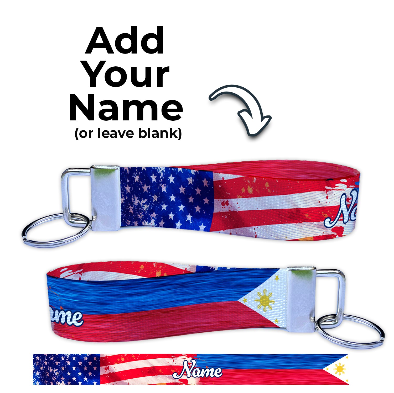 Artistic Philippines American Flag Personalized Name Nylon Key Fob - Custom Wristlet Keychain