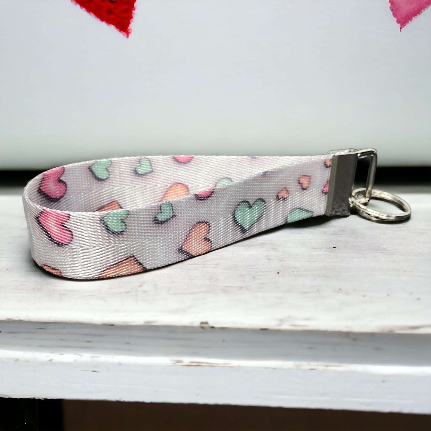 Cute Inflated Heart Valentine's Day Pattern Nylon Key Fob - Fabric Wristlet Keychain