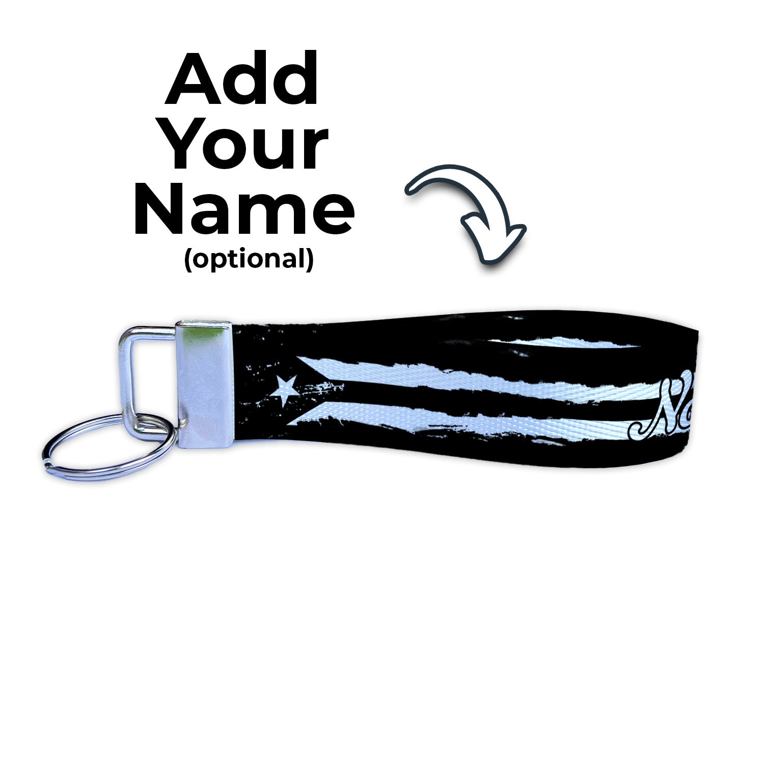 Puerto Rican Black and White Artistic Flag Personalized Name Nylon Key Fob - Custom Wristlet Keychain