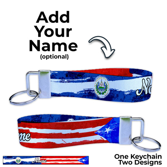 Puerto Rican El Salvador Artistic Flag Ryan's Version Personalized Name Nylon Key Fob - Custom Wristlet Keychain