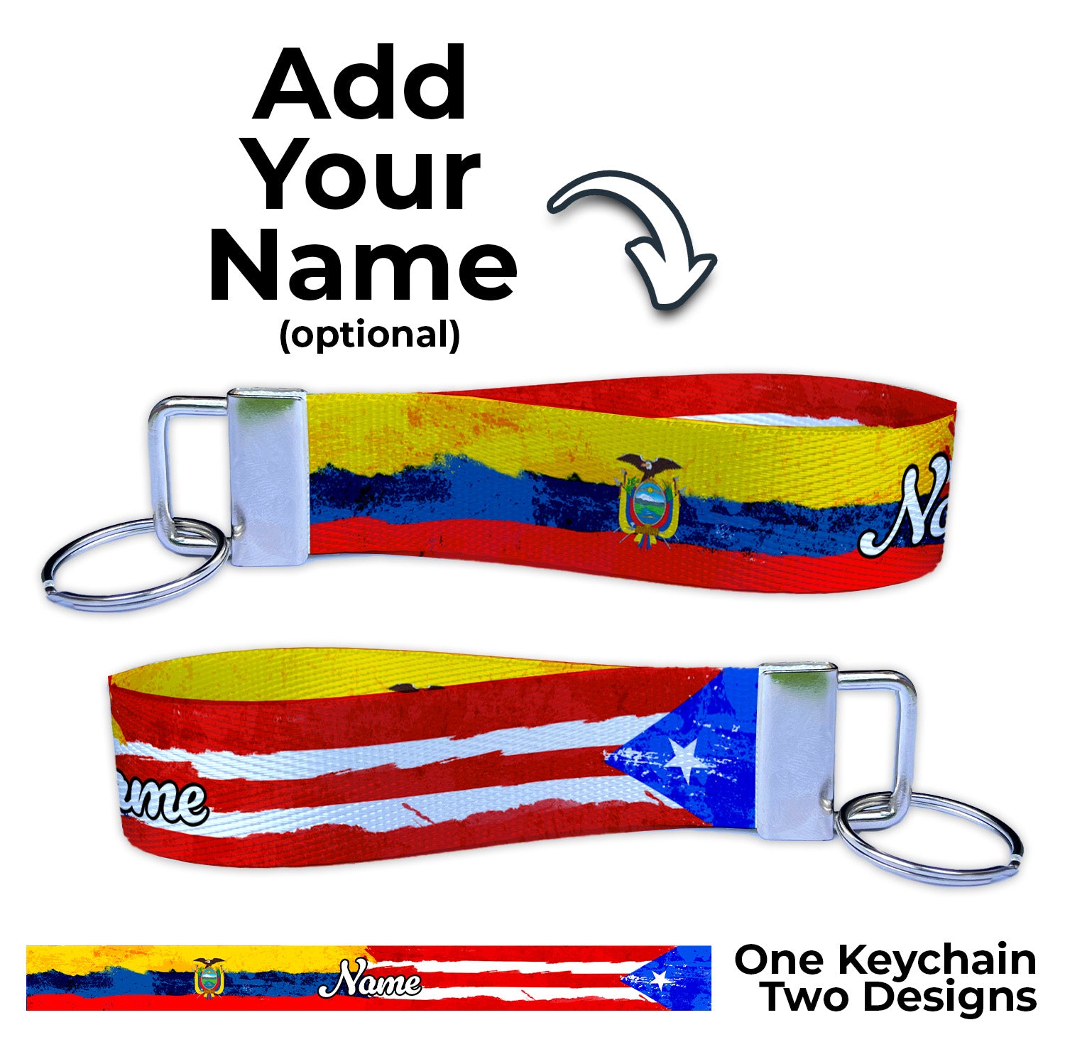 Puerto Rican Ecuador Artistic Flag Ryan's Version Personalized Name Nylon Key Fob - Custom Wristlet Keychain