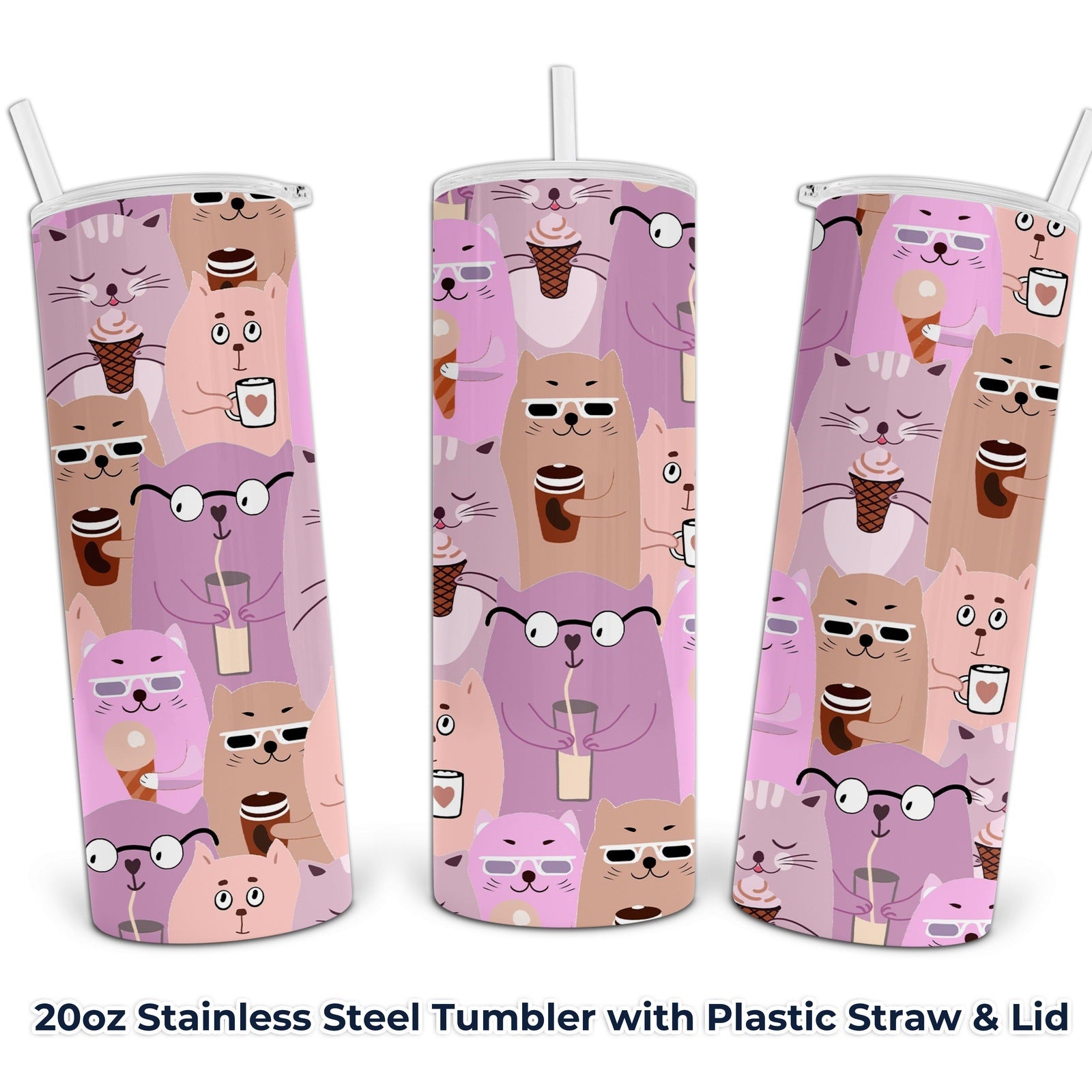 Purple Kitty Cat Collage Design - 20oz Stainless Steel Tumbler with Lid and Straw