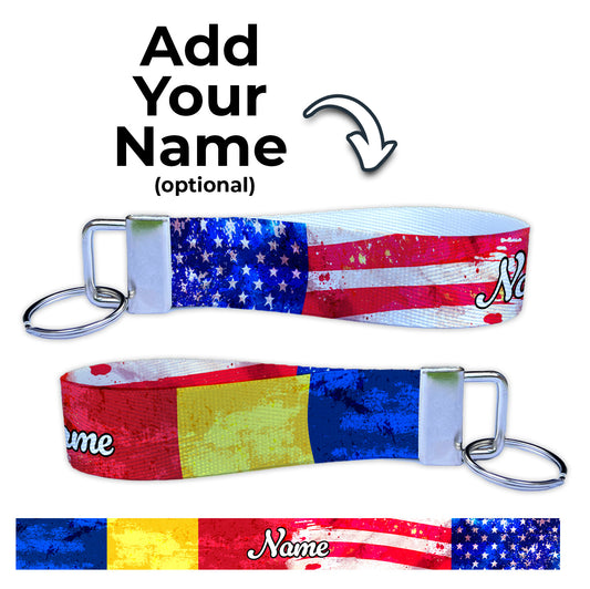 Romanian American Flag Artistic Ryan's Version Personalized Name Nylon Key Fob - Custom Wristlet Keychain