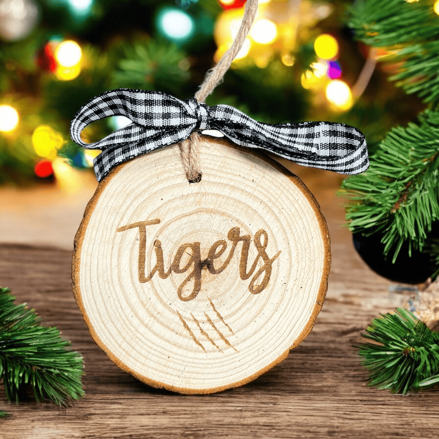 School Mascot Laser Engraved Natural Wood Christmas Ornament with Bow and Twine Hanger