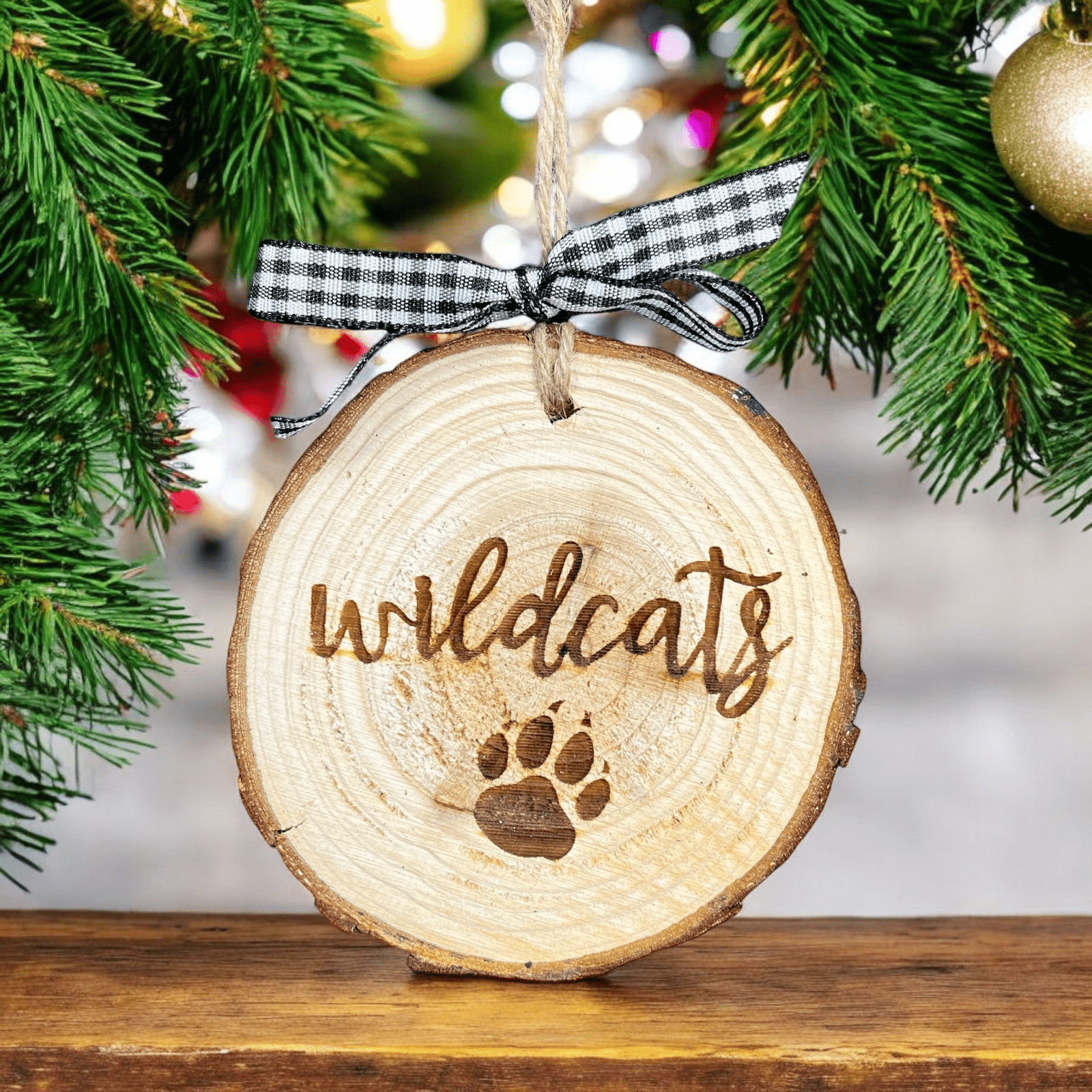 School Mascot Laser Engraved Natural Wood Christmas Ornament with Bow and Twine Hanger