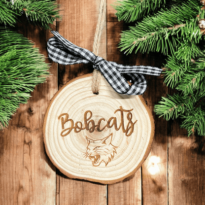 School Mascot Laser Engraved Natural Wood Christmas Ornament with Bow and Twine Hanger