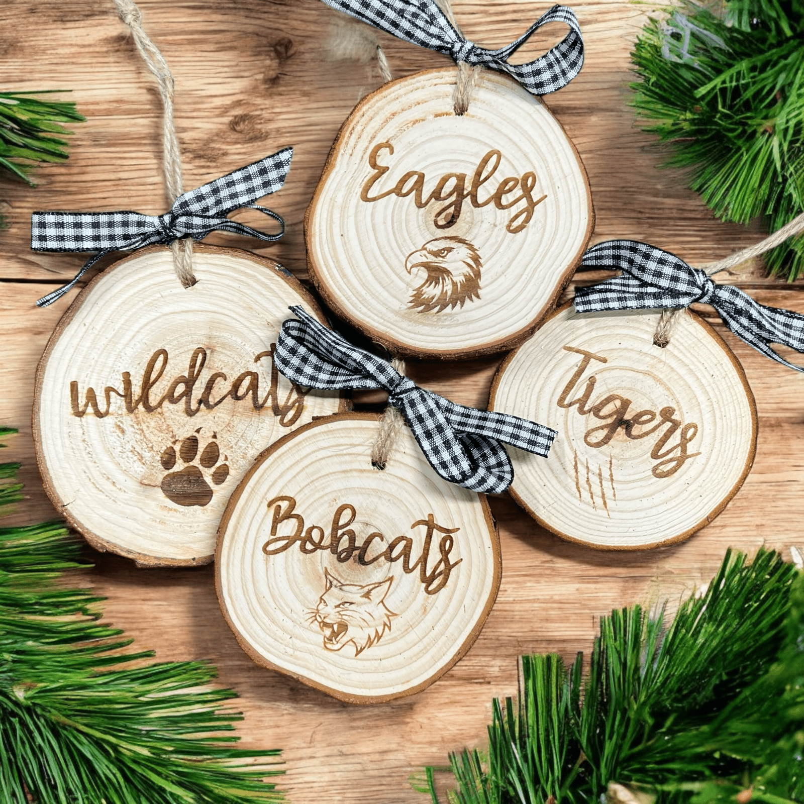 School Mascot Laser Engraved Natural Wood Christmas Ornament with Bow and Twine Hanger