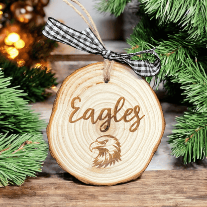 School Mascot Laser Engraved Natural Wood Christmas Ornament with Bow and Twine Hanger