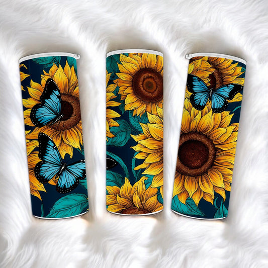 Sunflower and Butterfly Tumbler with Teal and Blue Background - 20oz Stainless Steel Tumbler with Lid and Straw