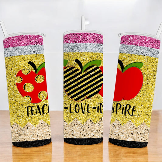 Teach Love Inspire Faux Glitter Pencil - 20oz Stainless Steel Tumbler with Lid and Straw - School Teacher Appreciation Gift