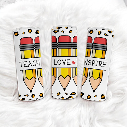 Teach, Love, Inspire Tumbler with Animal Print Pencil Design - Perfect Gift for Teachers - Inspirational Teacher Appreciation Gift