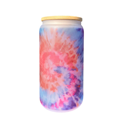 Tie Dye 16oz Frosted Glass Can with Bamboo Lid and Straw