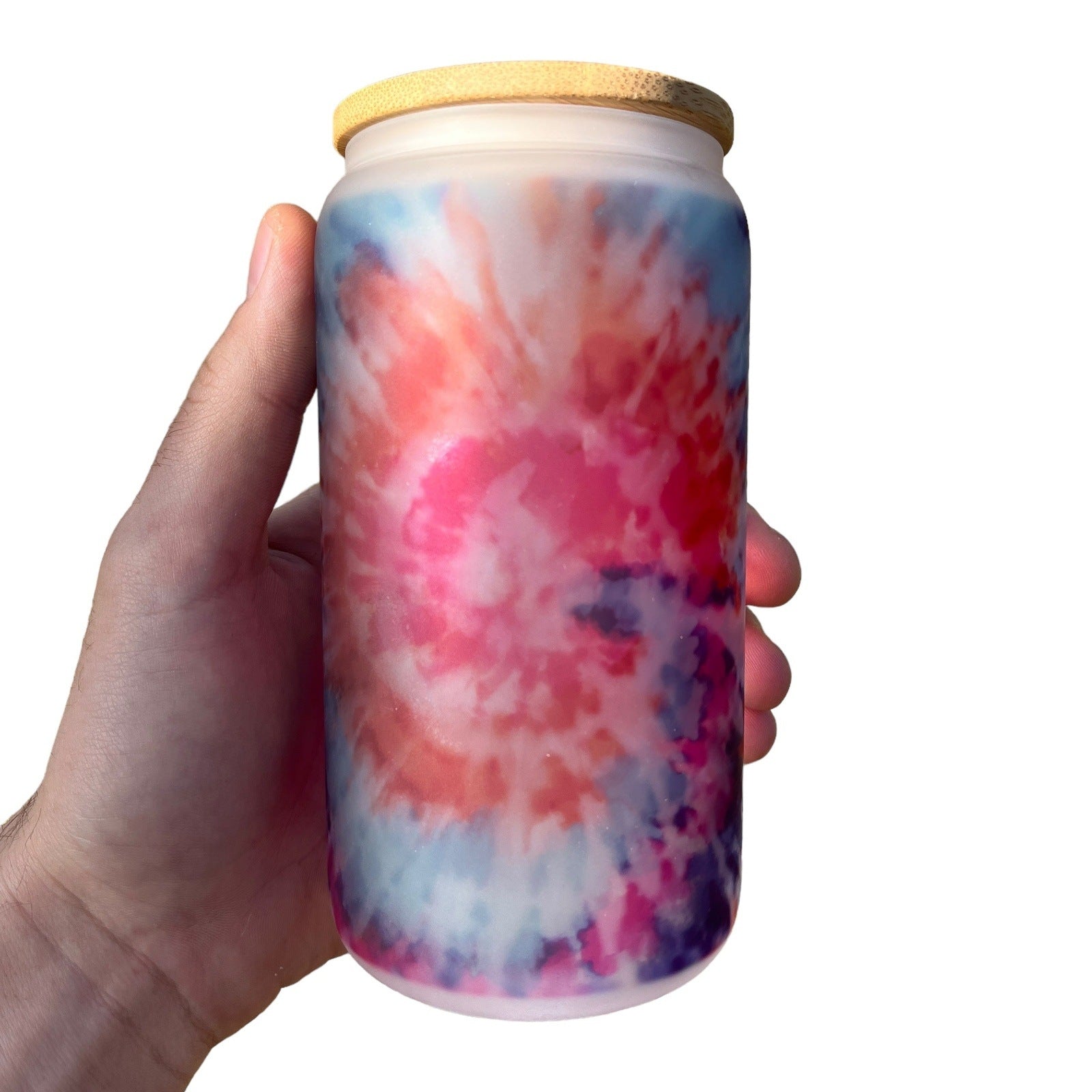 Tie Dye 16oz Frosted Glass Can with Bamboo Lid and Straw