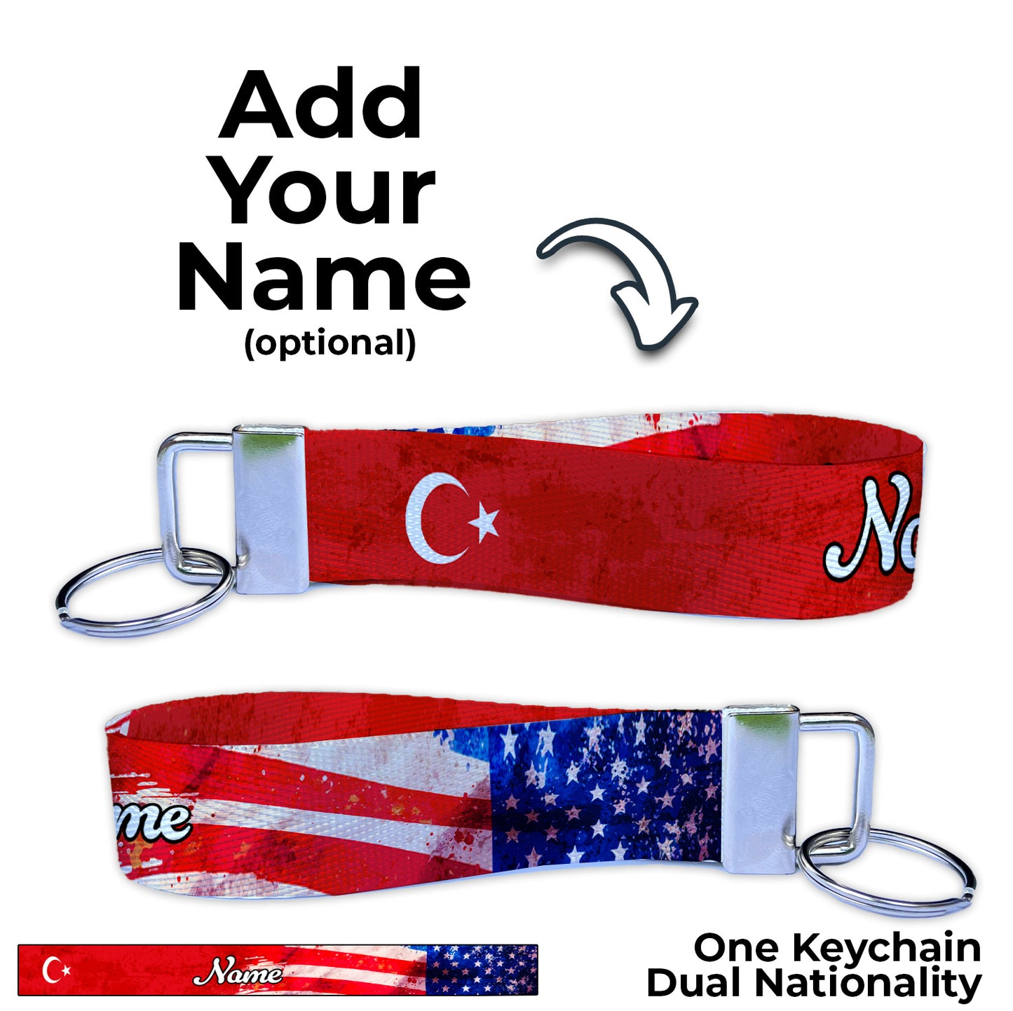 Artistic Turkey American Flag Ryan's Version Personalized Name Nylon Key Fob - Custom Wristlet Keychain
