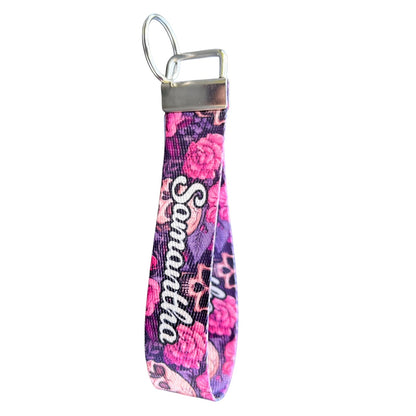 Vintage Skulls and Roses Design Custom Nylon Wristlet Key Fob – Personalized Floral Wristlet for Keys and Essentials