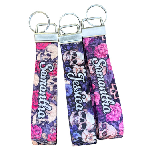 Vintage Skulls and Roses Design Custom Nylon Wristlet Key Fob – Personalized Floral Wristlet for Keys and Essentials