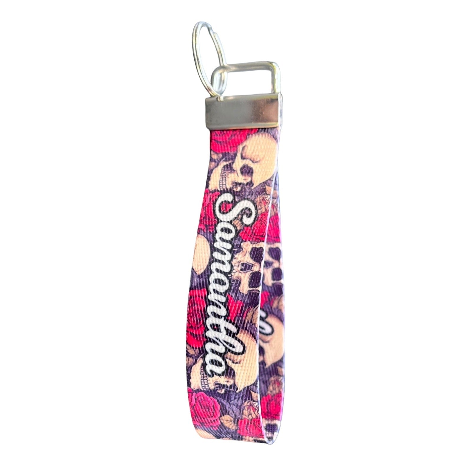 Vintage Skulls and Roses Design Custom Nylon Wristlet Key Fob – Personalized Floral Wristlet for Keys and Essentials