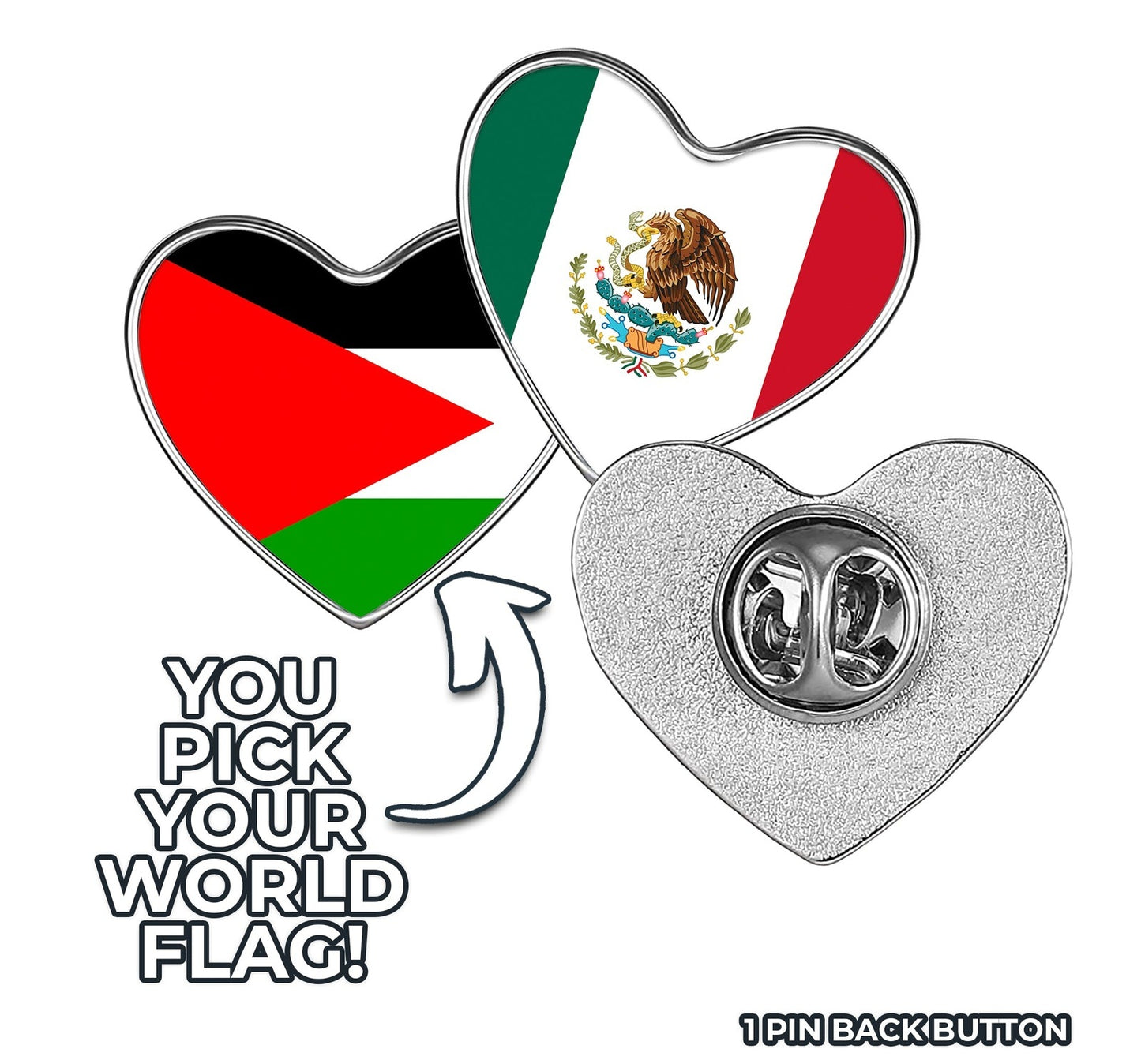 World Flag Metal Heart Pinback Lapel Button - You Pick Your Flag, Many to Choose from!