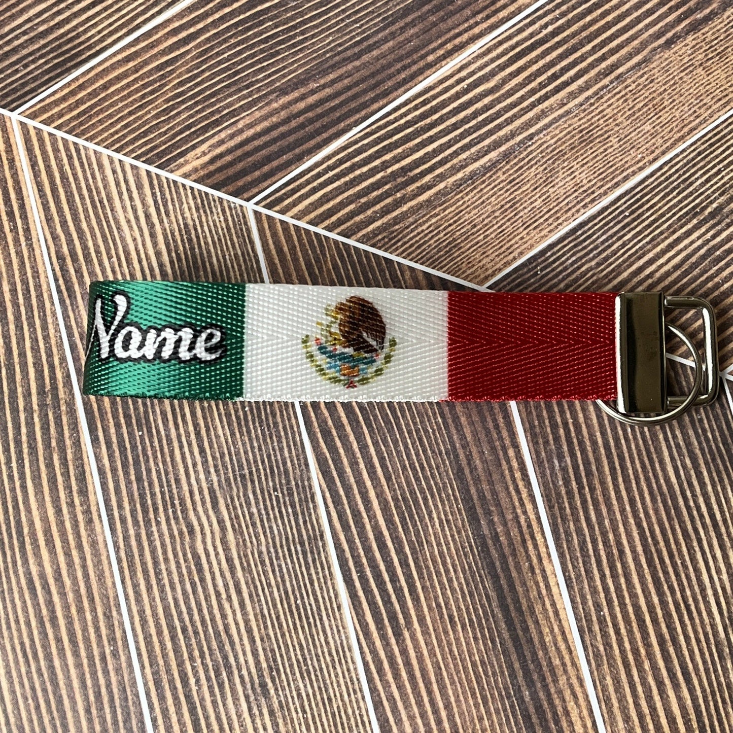 "Your Name" Reversed Mexican Flag Colors Nylon Keychain Key Fob - Clearanced