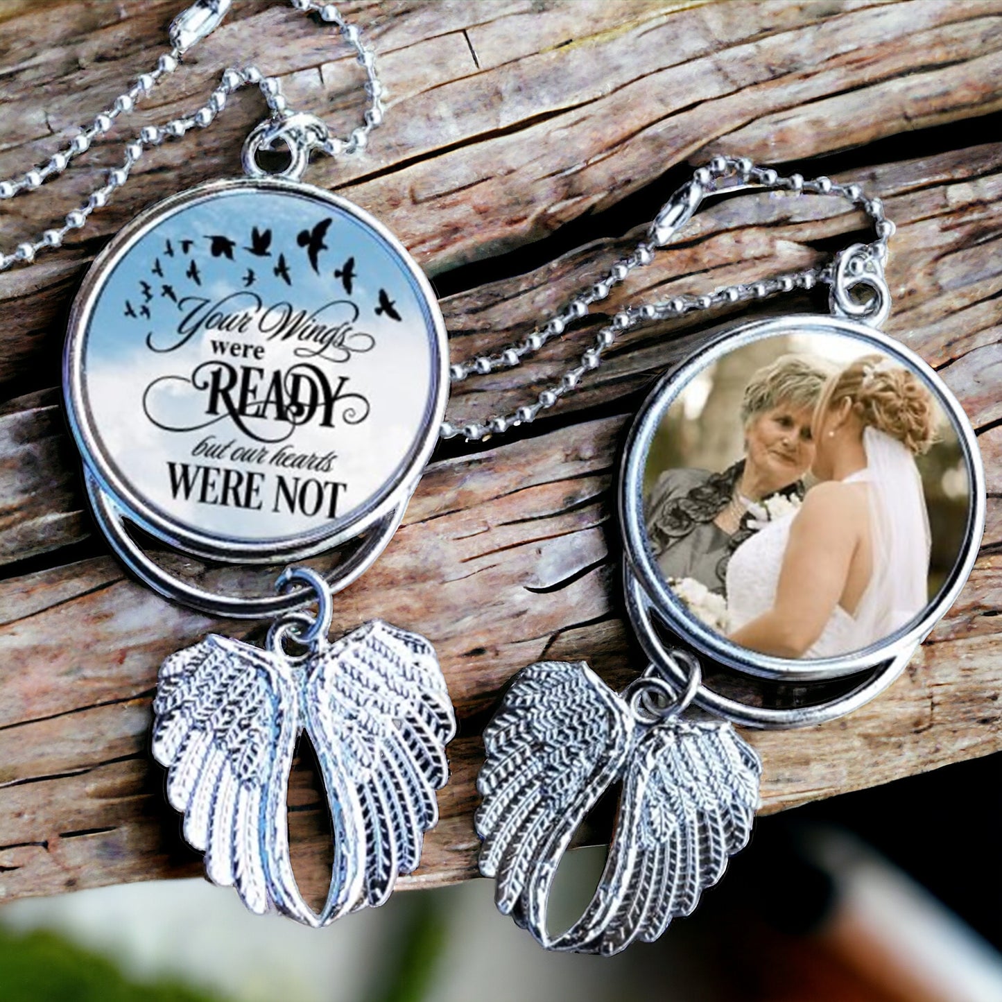 Your Wings Were Ready - Custom Angel Wing Photo Pendant - Rearview Mirror Charm with Pictures