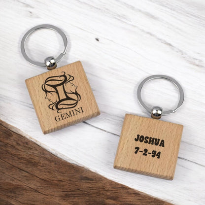 Zodiac Sign Engraved Wooden Keychain - Personalized Astrology Gift