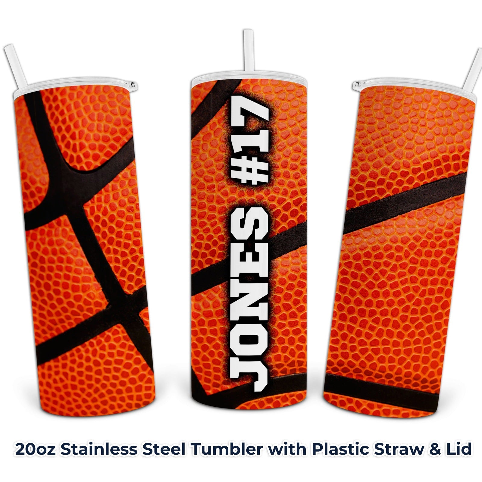 Custom Basketball Print Tumbler with Your Name and Number - 20oz Stainless Steel Tumbler with Lid and Straw