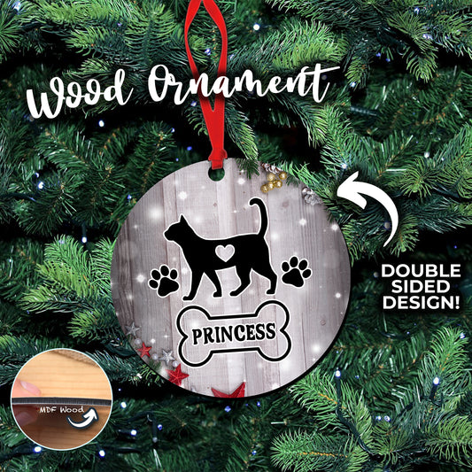 Personalized Cat Silhouette Pet Ornament with Name - Double Sided Wooden Ornament