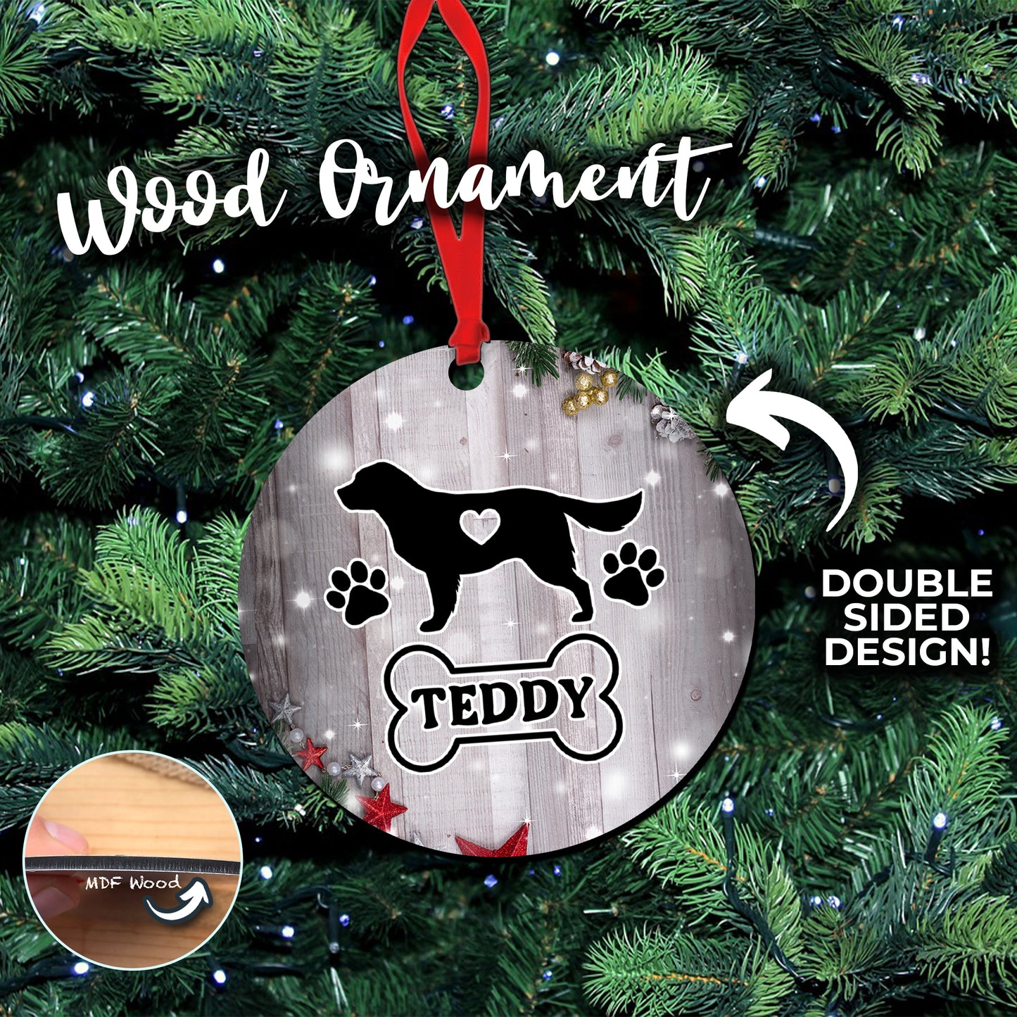Personalized Dog Silhouette Pet Ornament with Name - Double Sided Wooden Ornament