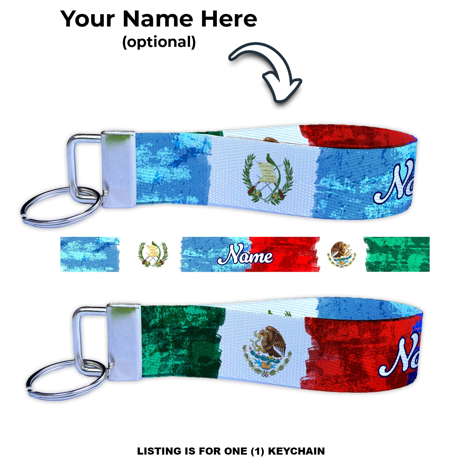 Artistic Guatemalan Mexican Flag Ryan's Version Personalized Name Nylon Key Fob - Custom Wristlet Keychain