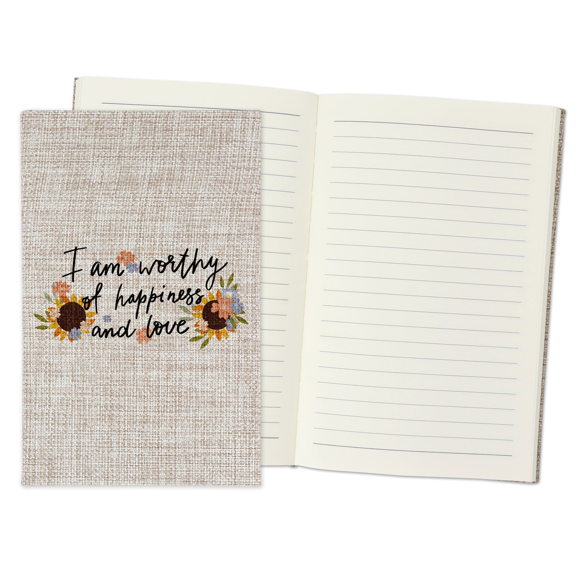 I am Worthy of Happiness and Love - Affirmation Quote Burlap Notebook Journal with Lined Pages