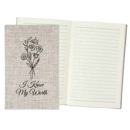 I Know My Worth - Affirmation Quote Burlap Notebook Journal with Lined Pages
