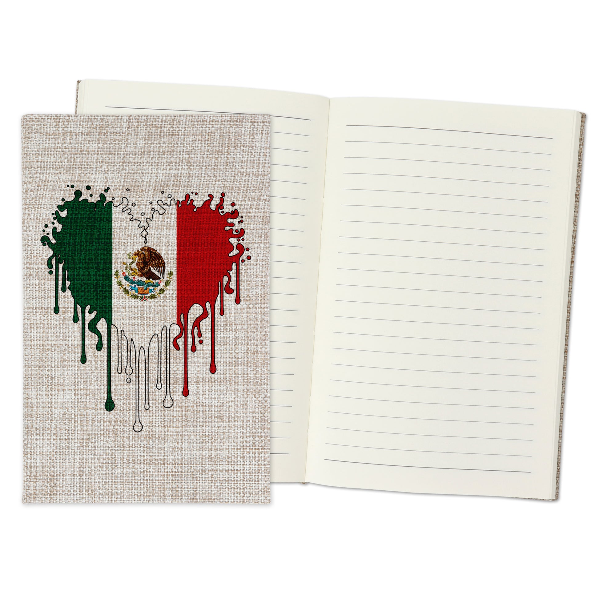 Mexico Flag - Dripping Heart Design Burlap Notebook Journal with Lined Pages
