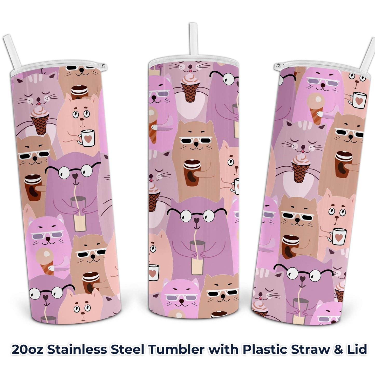 Purple Kitty Cat Collage Design - 20oz Stainless Steel Tumbler with Lid and Straw