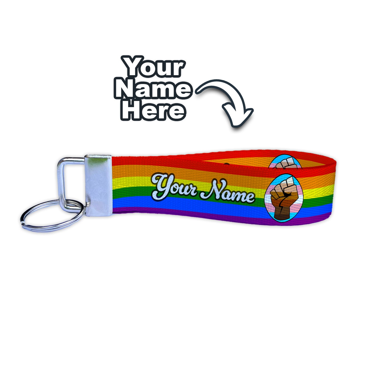 Rainbow Fist Flag Personalized Name Nylon Key Fob - Custom Wristlet Keychain