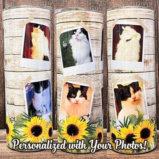 Personalized Tan Wood Sunflower Photo Collage Tumbler
