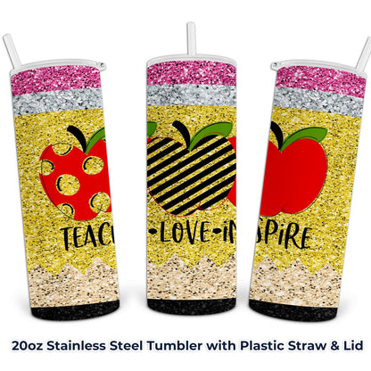Teach Love Inspire Faux Glitter Pencil - 20oz Stainless Steel Tumbler with Lid and Straw