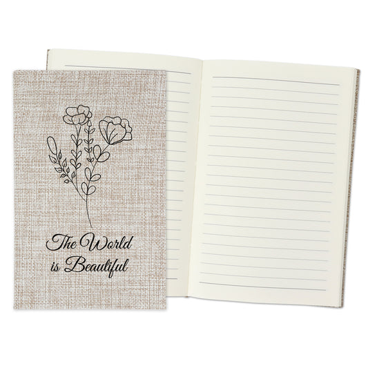 The World is Beautiful - Affirmation Quote Burlap Notebook Journal with Lined Pages