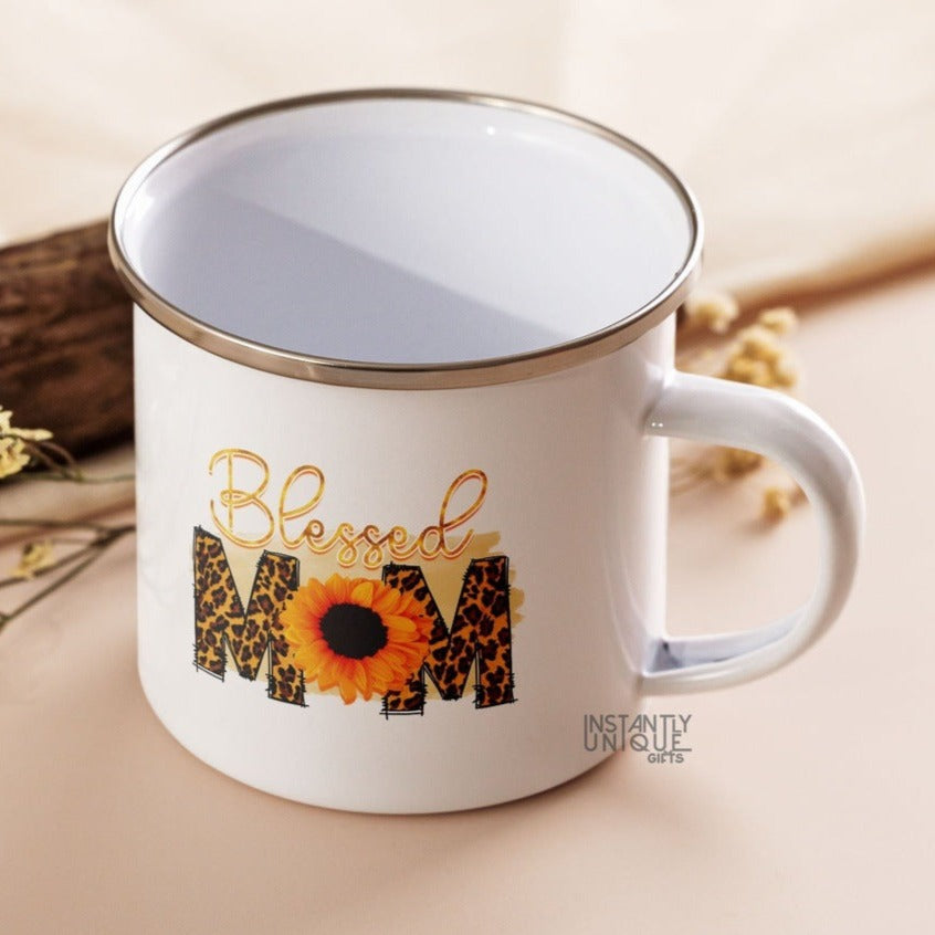 Blessed Mom Sunflower Design 12oz Enamel Mug