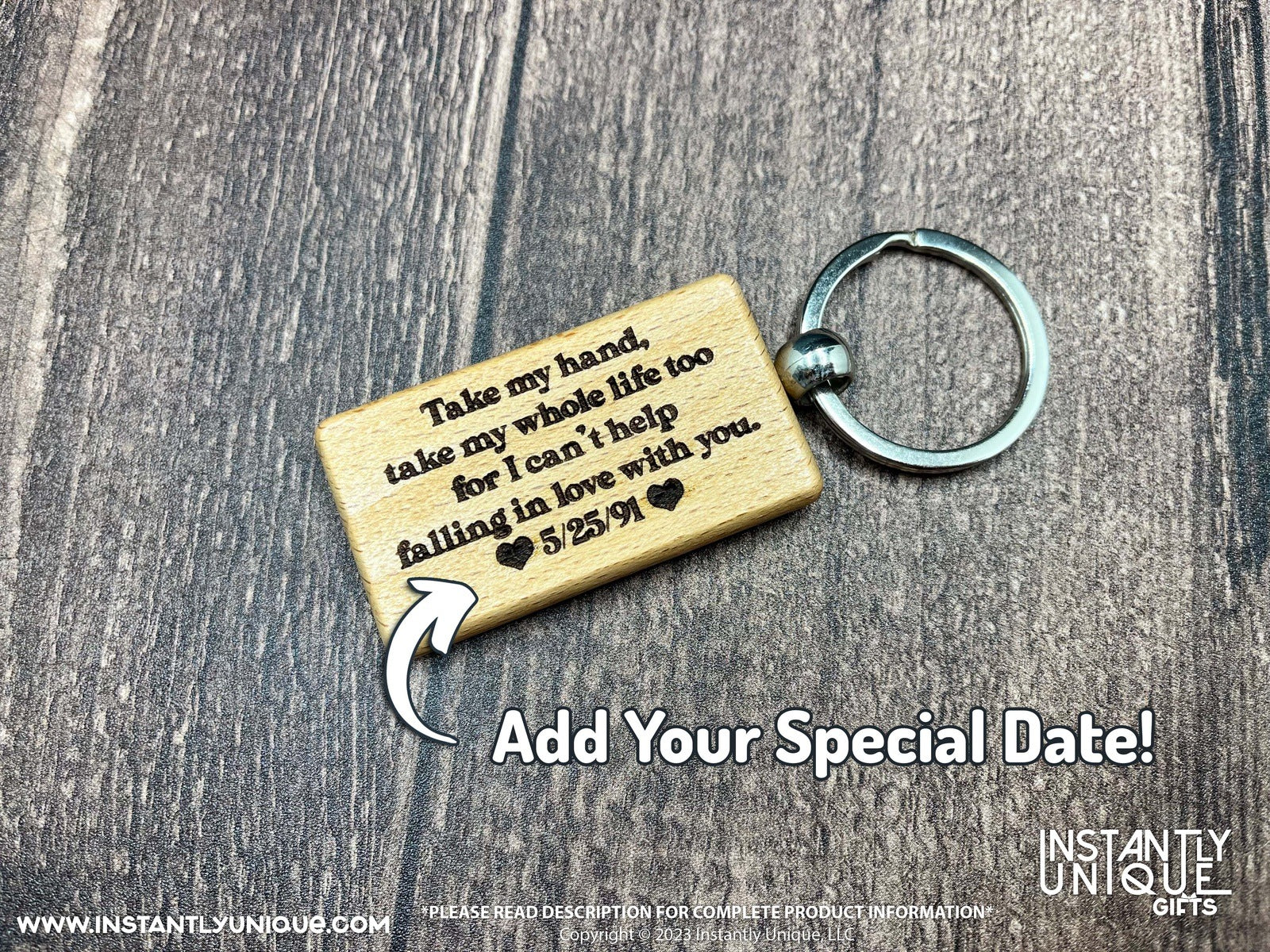 Can't Help Falling in Love with You Quote with Custom Date - Laser Engraved Wood Keychain