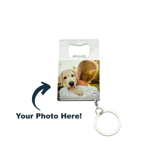 Custom Bottle Opener Keychain - Stainless Steel Metal and Leather - Add Your Photos