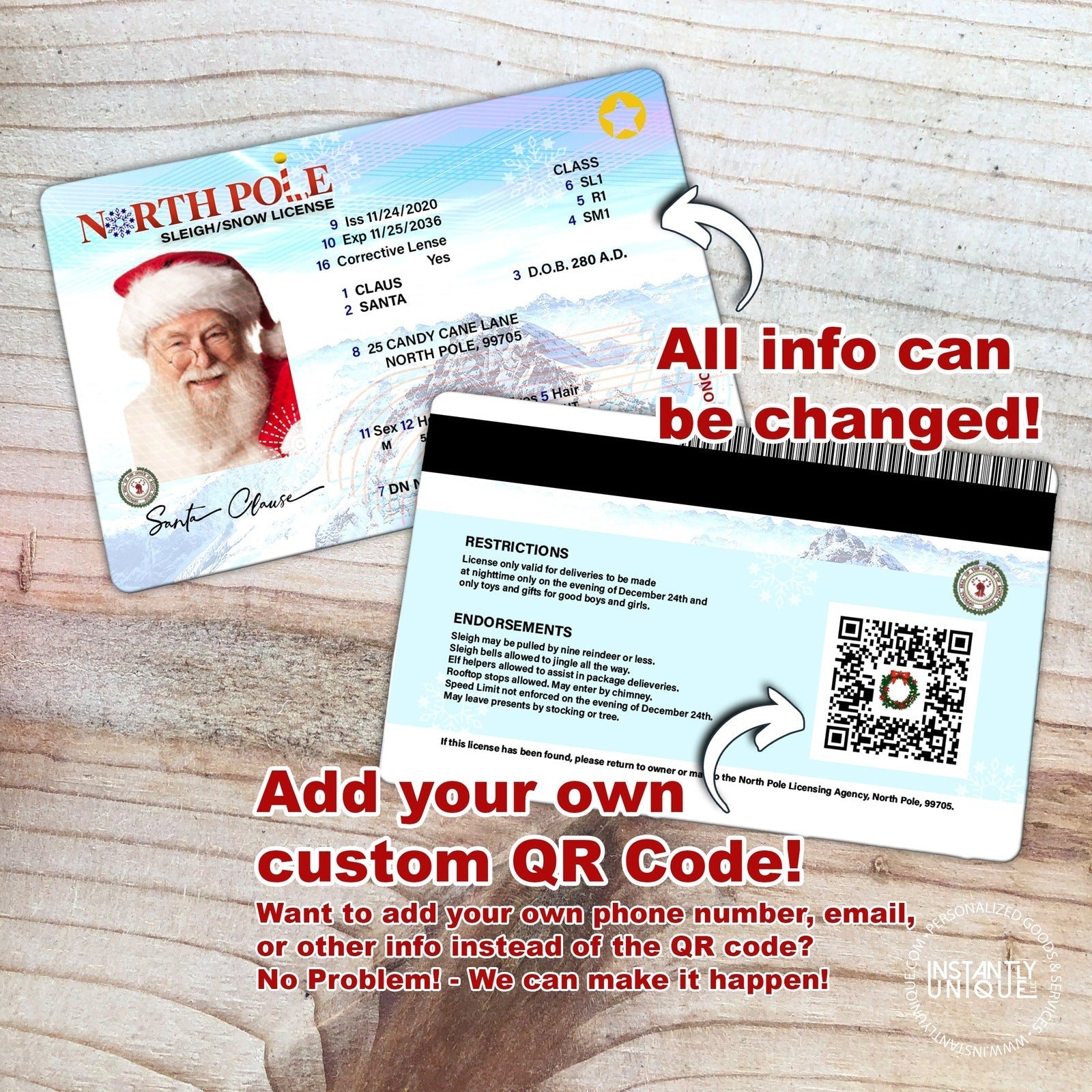 Custom Santa Claus or Mrs. Claus Sleigh License - Professional Santa Impersonator Aluminum Business Cards
