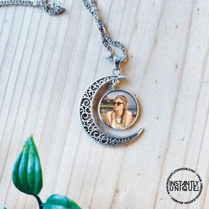 Custom Silver Moon Necklace with Your Photo Added