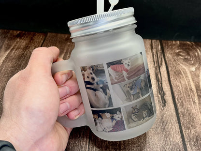 Custom Photo Collage 12oz Frosted Glass Mason Jar with Lid and Straw