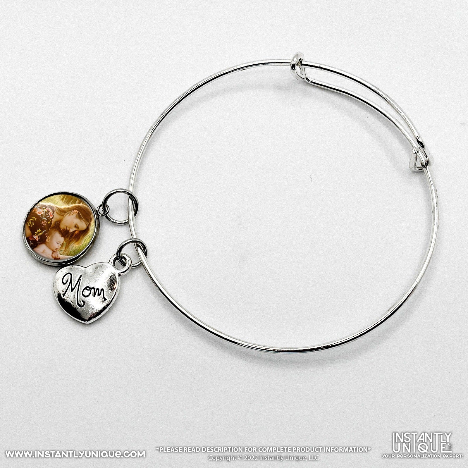 Mom Heart Charm Adjustable Silver Bracelet with Your Photo Charm