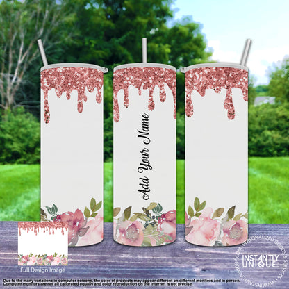Floral and Dripping Faux Glitter Tumbler - Add Your Name