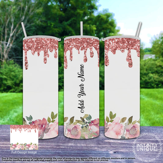 Floral and Dripping Faux Glitter Tumbler - Add Your Name