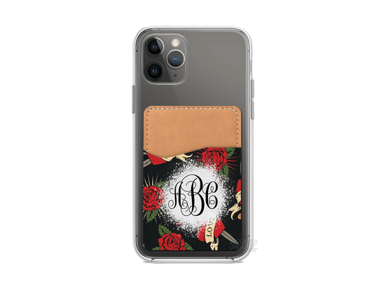Hearts and Roses Pattern Personalized Monogram Stick On Phone Wallet - Add Your Custom Monogram